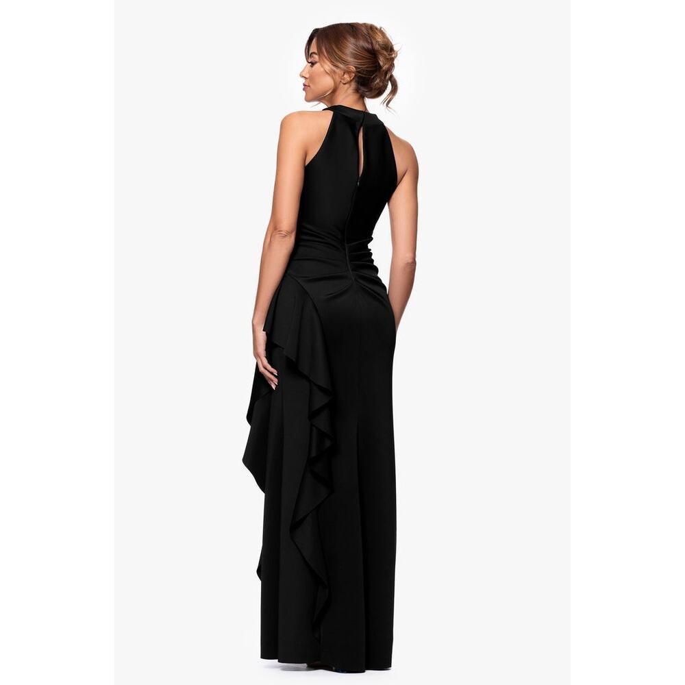 Xscape Scuba Crepe Sleeveless Leg Slit Ruffle Floor Length Dress Black Sz 4 NWT - Picture 2 of 13